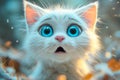 A small white kitten with big blue eyes looks surprised close-up. Emotions of wow, shock, surprise and fright.