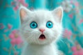 A small white kitten with big blue eyes looks surprised close-up. Emotions of wow, shock, surprise and fright.