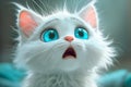 A small white kitten with big blue eyes looks surprised close-up. Emotions of wow, shock, surprise and fright.