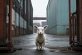 a small white lamb standing in an alleyway Royalty Free Stock Photo