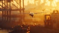 A small white military UAV flies over the city against the sunset background. The drone flies low above the ground and takes