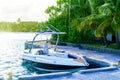 Small White Motor Boat Moored at Marina, Beautiful View on Water Royalty Free Stock Photo