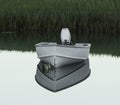 Small white motor boat mored reflecting in lake water