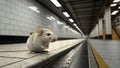 Small white mouse explores empty subway station during quiet time of day Royalty Free Stock Photo