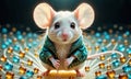 A small white mouse wearing a green jacket sits on a table, ready for an adventure Royalty Free Stock Photo