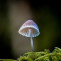 Small, white mushroom nestled atop a moss-covered log in a natural forest setting Royalty Free Stock Photo