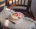 A small white plate with cottage cheese and sliced fruit and a teaspoon on a vintage chair covered with a white napkin Royalty Free Stock Photo