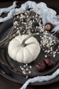 A small white pumpkin with dried flowers and chestnut nuts on a dark retro metal plate or tray on a brown leather sofa