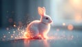 A small, white rabbit with bright pink ears sits on a smooth surface. It is illuminated by warm, glowing lights and surrounded by Royalty Free Stock Photo