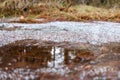 Small white snowflakes on a frozen brownish puddle of ice
