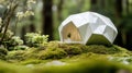 a small white tent sitting on top of a moss covered hill Royalty Free Stock Photo