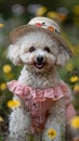 A small white Toy dog in a straw hat and pink dress sits in a field of flowers Royalty Free Stock Photo