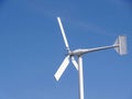 Small white wind turbine, windmill alternative Green clean energy against blue sky