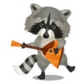 Small wild forest animal play on musical instrument. Raccoon with balalaika isolated on white background. Sketch of