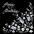 Small wildflowers. Happy Birthday square card. White and gray flowers on a black background. Hand-drawn collection. Vec