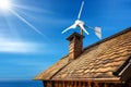 Small Wind Turbine on the top of a Roof of a Wooden Chalet - Generative Ai Royalty Free Stock Photo