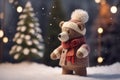 Small winter soft teddy bear in warm outfit. Generate ai