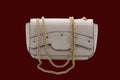 Small women`s beige handbag with a gold chain. Photo on a dark background Royalty Free Stock Photo