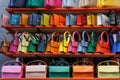 Small Women\'s Colorful Handbags of Various Kinds hanging on a Display Stand Royalty Free Stock Photo