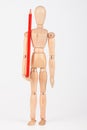 Small wood mannequin standing with colour pencil isolated on white Royalty Free Stock Photo