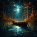 A small wooden boat floats on the water of an enchanted forest lake