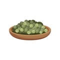 Wooden bowl of dried green peppercorns. Aromatic seasoning. Natural spice. Fragrant condiment. Flat vector icon