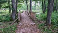 Small wooden bridge over a stream in a forest park was strewn with fallen autumn leaves Royalty Free Stock Photo