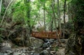 A small wooden bridge over a stream on a way to Caledonia waterfall near Platres Royalty Free Stock Photo