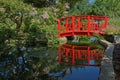 Small wooden bridge painted red and reflecting in pond. Royalty Free Stock Photo