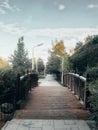 Small wooden bridge in a park at sunrise. Royalty Free Stock Photo