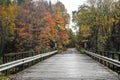 Small wooden bridge on Peshekee river in Van Riper state park in Michigan upper peninsula surrounded with fall foliage Royalty Free Stock Photo