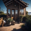 Small Wooden Cabin Boho Style Exterior, Ocean Beach Shore View, Steps To Sand, Sunny day, Generative Ai Royalty Free Stock Photo