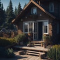 Small Wooden Cabin Boho Style Exterior, Ocean Beach Shore View, Steps To Sand, Sunny day, Generative Ai Royalty Free Stock Photo