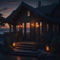 Small Wooden Cabin Boho Style Exterior, Ocean Beach Shore View, Steps To Sand, Sunset, Soft Light From Windows, Generative Ai Royalty Free Stock Photo