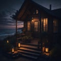 Small Wooden Cabin Boho Style Exterior, Ocean Beach Shore View, Steps To Sand, Sunset, Soft Light From Windows, Generative Ai Royalty Free Stock Photo