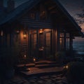 Small Wooden Cabin Boho Style Exterior, Ocean Beach Shore View, Steps To Sand, Sunset, Soft Light From Windows, Generative Ai Royalty Free Stock Photo