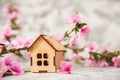 Small wooden cabin close-up and copy space. Miniature house, flowering branch in the spring. The concept of rush, purchase, exchan