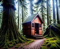 A small wooden cabin in the middle of a dense forest. Royalty Free Stock Photo