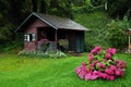 Small wooden cottage on the edge of the forest near Sankt Gilgen, the picturesque village by the Wolfgangsee. Royalty Free Stock Photo
