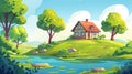 A small wooden cottage with porch and lake on a hill with green grass and trees. Modern illustration of a summer or Royalty Free Stock Photo