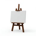 A small wooden easel holds a blank canvas, positioned against a plain white background. The easel Royalty Free Stock Photo