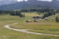 Small wooden farm house, cottage or log cabins on meadow on Alpe di Siusi, Seiser Alm, South Tyrol, Italy