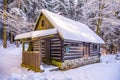 Small wooden forest cabin in winter