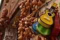 In town market, Small wooden guitars among other wooden mexican handcrafts strings of Tepoztlan pueblo mÃÂ¡gico Cuernava Morelos Royalty Free Stock Photo