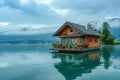 A small wooden house perched on a lake, creating a picturesque scene of serenity in the midst of nature, A floating house on a