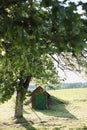 Small wooden house in rural field, view on a farmhouse in countryside, summer scenic landscape Royalty Free Stock Photo