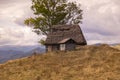 Small wooden house with thatched roof in the mountains Royalty Free Stock Photo