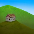 Small wooden house on top of the green hill Royalty Free Stock Photo