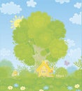 Small wooden house under a big tree Royalty Free Stock Photo
