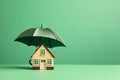 Small wooden house under umbrella on green background, copy space. Home insurance and safety concept. AI generated Royalty Free Stock Photo